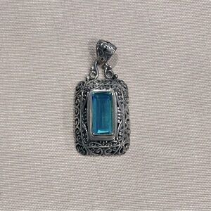 Sterling‎ Silver Rectangle Blue Aura Quartz Filigree Pendant Necklace Charm